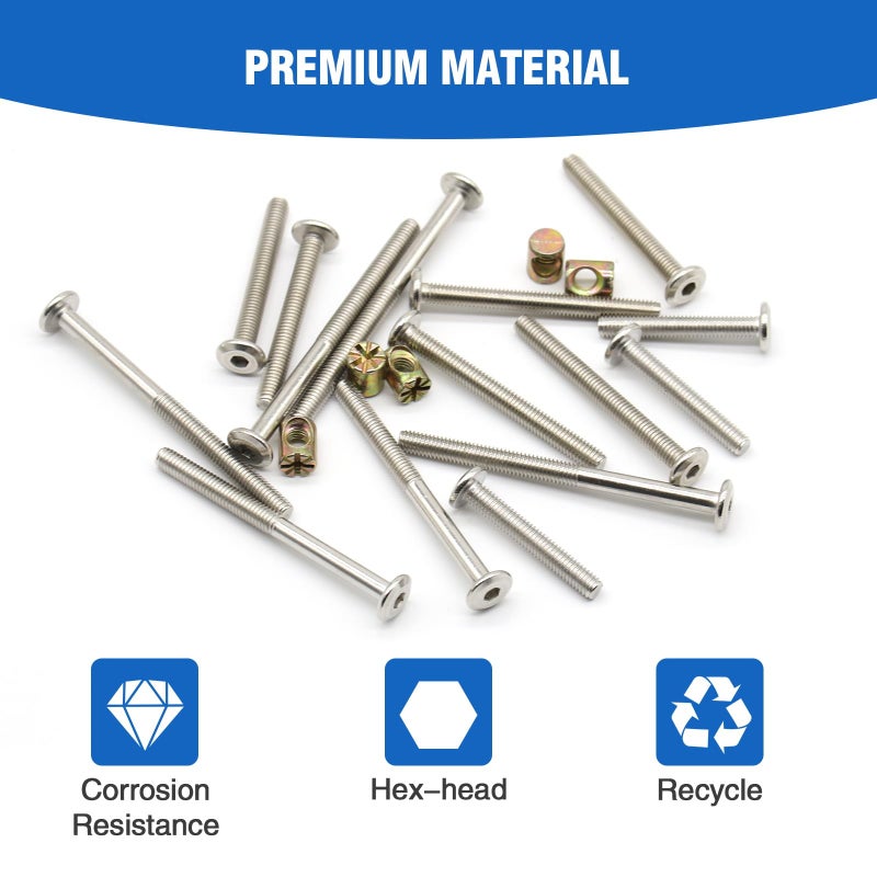 Socell 61pcs Crib Bunk Bed Furniture Hardware Replacement Kit, Stainless Steel Hex Drive Socket Cap Furniture Barrel Screws Bolt Nuts Assortment Kit for Crib Screws with 1 Wrenches(M6x12mm-75mm) - Image 3